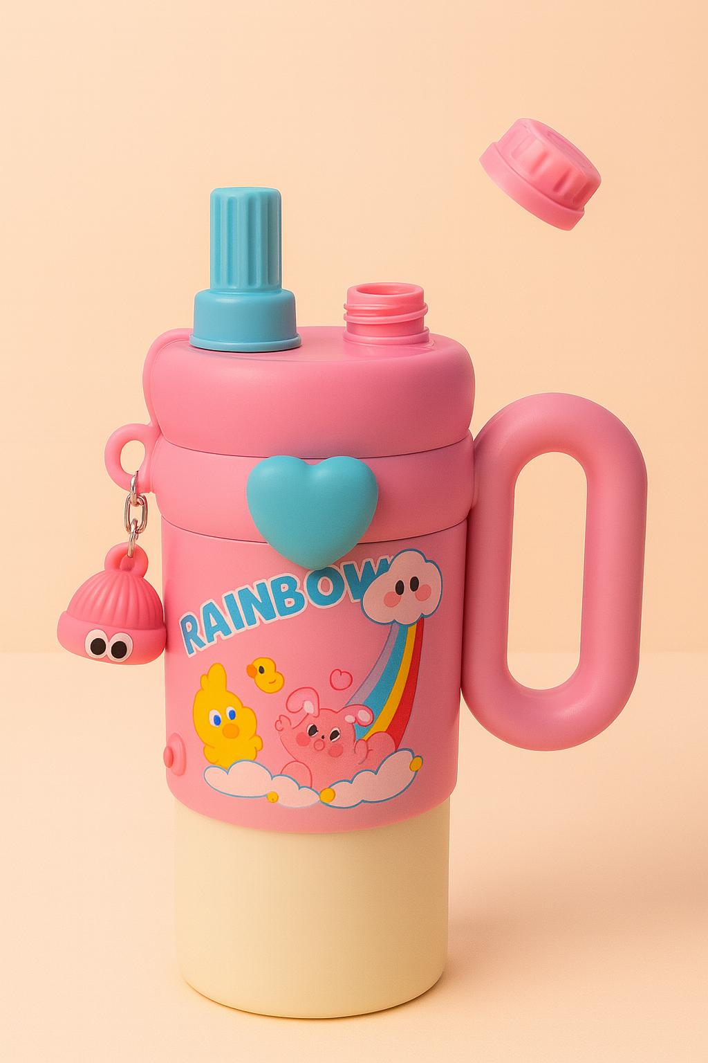 RainbowPop Hug-Handle Kids Water Bottle – Cute Cartoon Sipper with Dual Spout, Leak-Proof Lid & Charm Keychain | BPA-Free Bottle for School & Travel