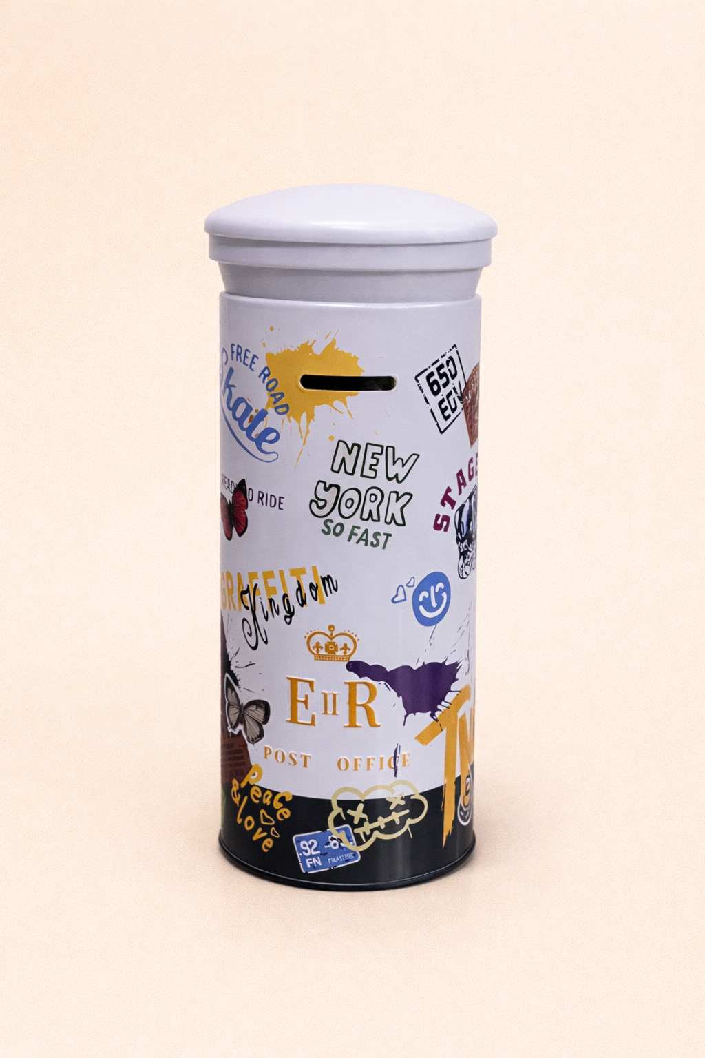 Urban Graffiti Metal Money Bank – Cylindrical Coin Saving Box with Slot Lid | Travel & Street Art Print Piggy Bank | Reusable Coin Storage for Kids, Teens & Adults